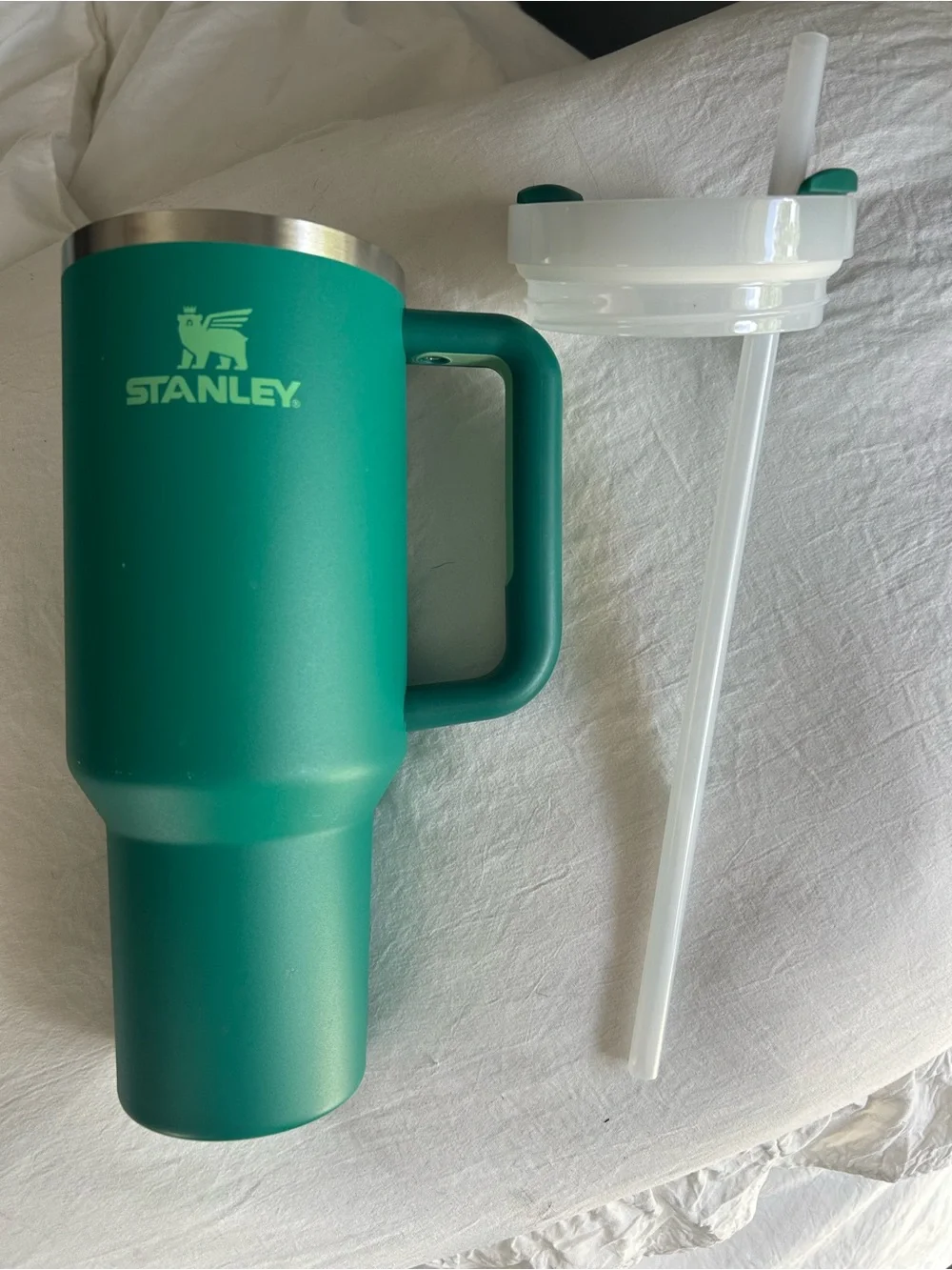 Stanley 40oz Green Insulated Travel Mug with Handle and Straw.